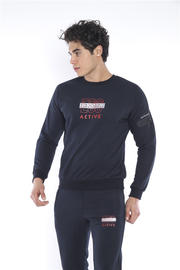 Escetic Lacivert Erkek 3 İplik Nefes Alabilen Pamuklu Baskılı Spor Slimfit Sweat Takım A3032