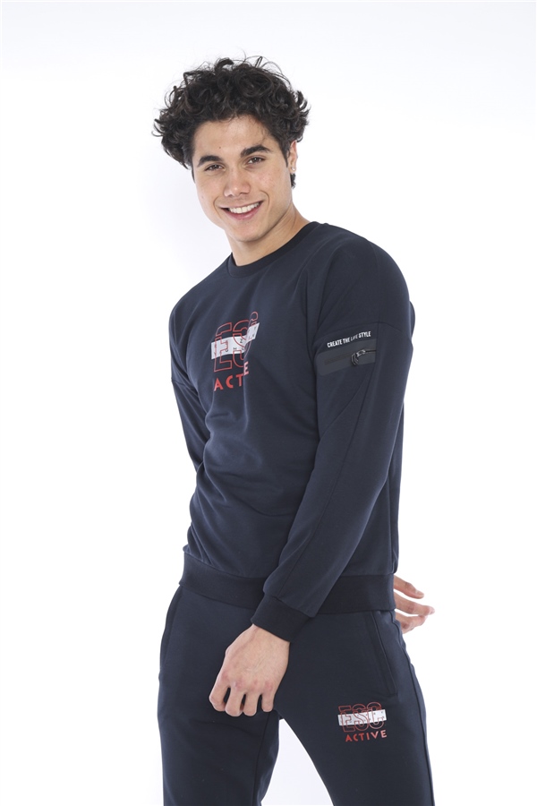 Escetic Lacivert Erkek 3 İplik Nefes Alabilen Pamuklu Baskılı Spor Slimfit Sweat Takım A3032