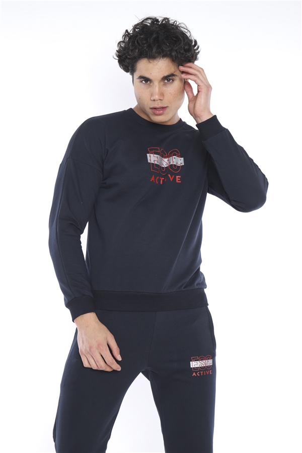 Escetic Lacivert Erkek 3 İplik Nefes Alabilen Pamuklu Baskılı Spor Slimfit Sweat Takım A3032