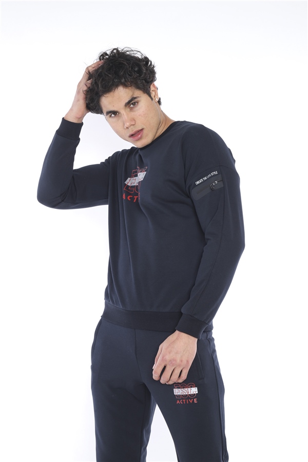 Escetic Lacivert Erkek 3 İplik Nefes Alabilen Pamuklu Baskılı Spor Slimfit Sweat Takım A3032