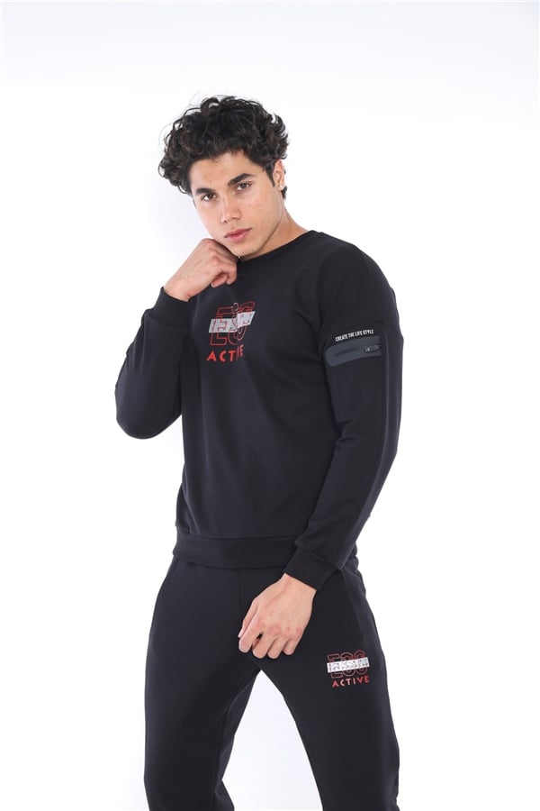 Escetic Siyah Erkek 3 İplik Nefes Alabilen Pamuklu Baskılı Spor Slimfit Sweat Takım A3032