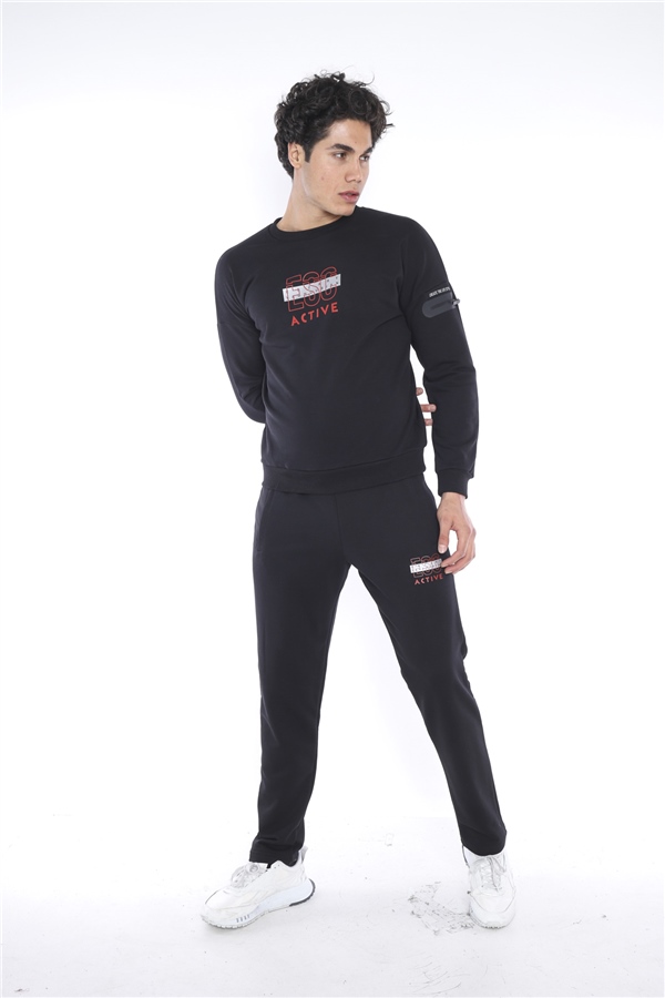 Escetic Siyah Erkek 3 İplik Nefes Alabilen Pamuklu Baskılı Spor Slimfit Sweat Takım A3032