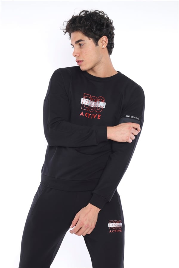 Escetic Siyah Erkek 3 İplik Nefes Alabilen Pamuklu Baskılı Spor Slimfit Sweat Takım A3032