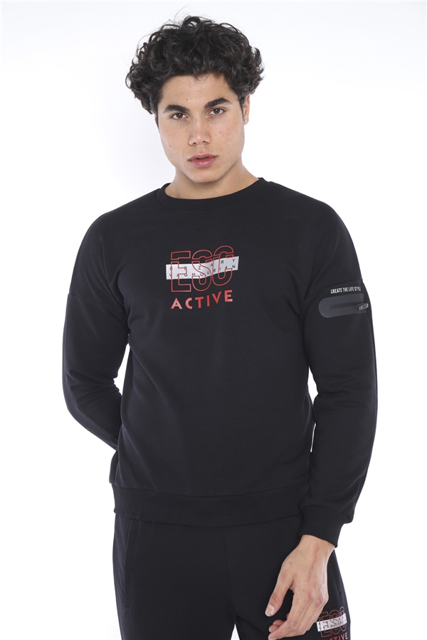 Escetic Siyah Erkek 3 İplik Nefes Alabilen Pamuklu Baskılı Spor Slimfit Sweat Takım A3032