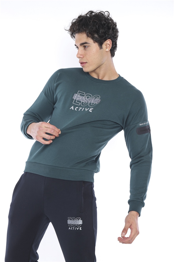 Escetic Yeşil Erkek 3 İplik Nefes Alabilen Pamuklu Baskılı Spor Slimfit Sweat Takım A3032