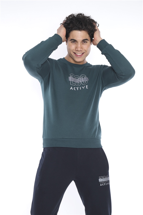 Escetic Yeşil Erkek 3 İplik Nefes Alabilen Pamuklu Baskılı Spor Slimfit Sweat Takım A3032