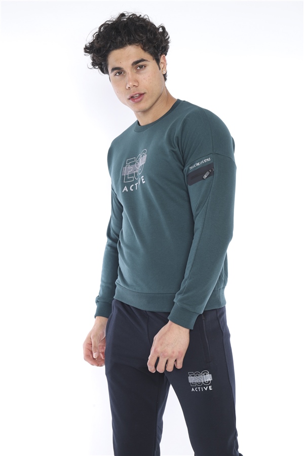 Escetic Yeşil Erkek 3 İplik Nefes Alabilen Pamuklu Baskılı Spor Slimfit Sweat Takım A3032