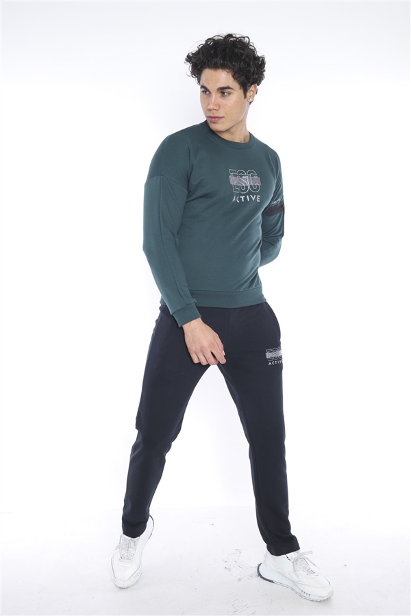 Escetic Yeşil Erkek 3 İplik Nefes Alabilen Pamuklu Baskılı Spor Slimfit Sweat Takım A3032