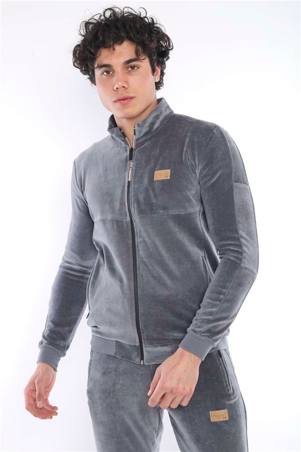 Erkek Gri Spor Slimfit 4 Cepli Kadife 4 Mevsim Nefes Alabilen Eşofman Takımı 6637