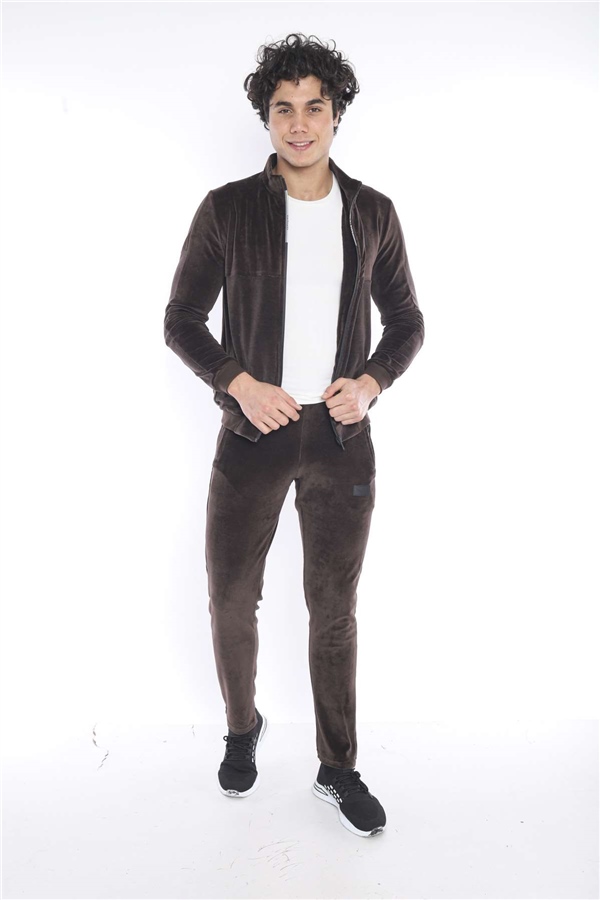  Erkek Kahve Spor Slimfit 4 Cepli Kadife 4 Mevsim Nefes Alabilen Eşofman Takımı 6637