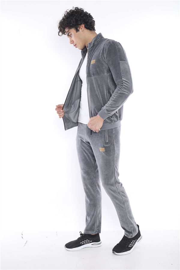 Erkek Gri Spor Slimfit 4 Cepli Kadife 4 Mevsim Nefes Alabilen Eşofman Takımı 6637