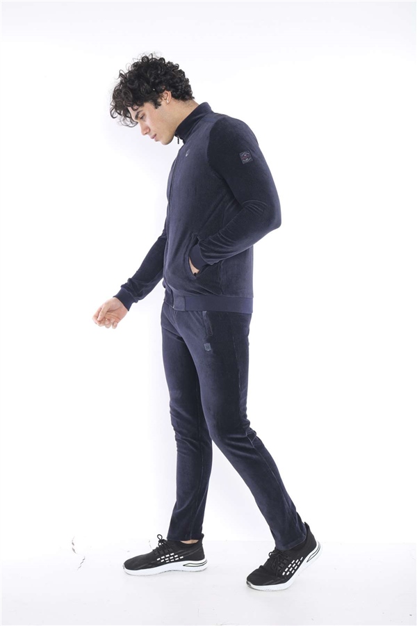 Escetic Lacivert Erkek Slimfit 4 Cepli Fitilli Kadife 4 Mevsim Nefes Alabilen Spor Eşofman Takımı 6657