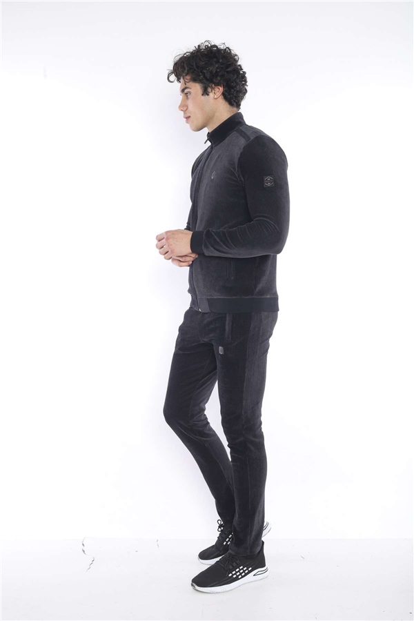 Escetic Siyah Erkek Slimfit 4 Cepli Fitilli Kadife 4 Mevsim Nefes Alabilen Spor Eşofman Takımı 6657