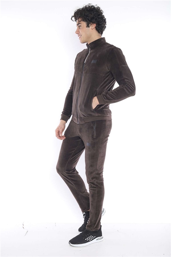  Erkek Kahve Spor Slimfit 4 Cepli Kadife 4 Mevsim Nefes Alabilen Eşofman Takımı 6637