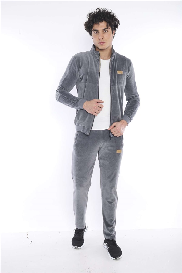Erkek Gri Spor Slimfit 4 Cepli Kadife 4 Mevsim Nefes Alabilen Eşofman Takımı 6637