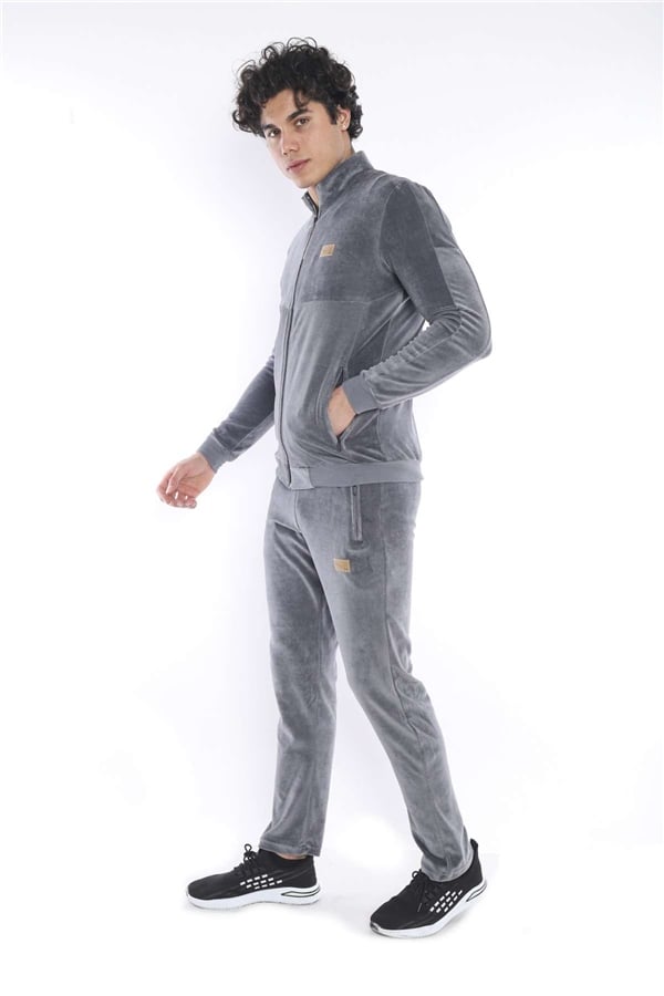 Erkek Gri Spor Slimfit 4 Cepli Kadife 4 Mevsim Nefes Alabilen Eşofman Takımı 6637