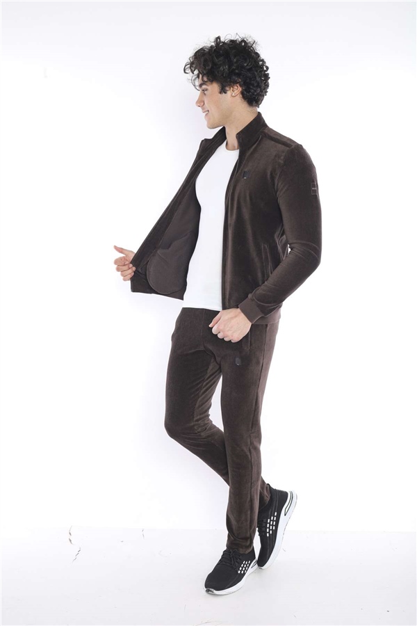 Escetic Kahve Erkek Slimfit 4 Cepli Fitilli Kadife 4 Mevsim Nefes Alabilen Spor Eşofman Takımı 6657