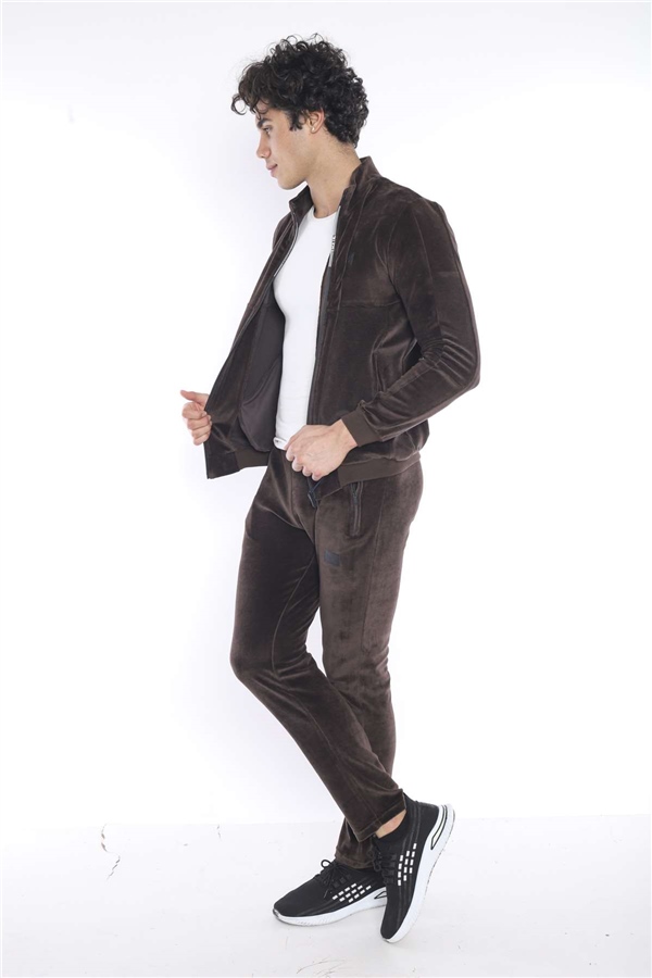  Erkek Kahve Spor Slimfit 4 Cepli Kadife 4 Mevsim Nefes Alabilen Eşofman Takımı 6637