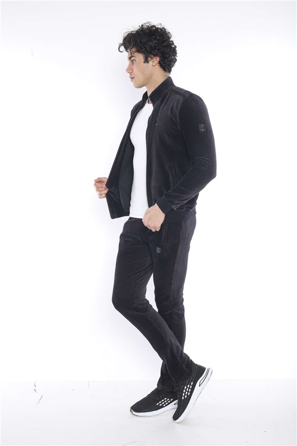 Escetic Siyah Erkek Slimfit 4 Cepli Fitilli Kadife 4 Mevsim Nefes Alabilen Spor Eşofman Takımı 6657