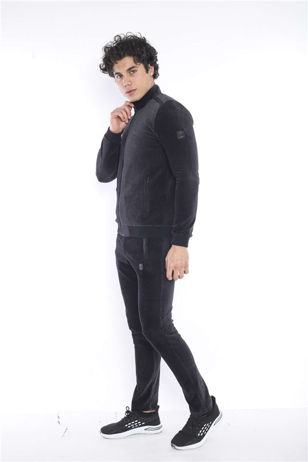 Escetic Siyah Erkek Slimfit 4 Cepli Fitilli Kadife 4 Mevsim Nefes Alabilen Spor Eşofman Takımı 6657