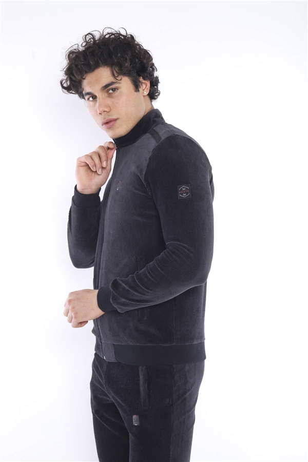 Escetic Siyah Erkek Slimfit 4 Cepli Fitilli Kadife 4 Mevsim Nefes Alabilen Spor Eşofman Takımı 6657