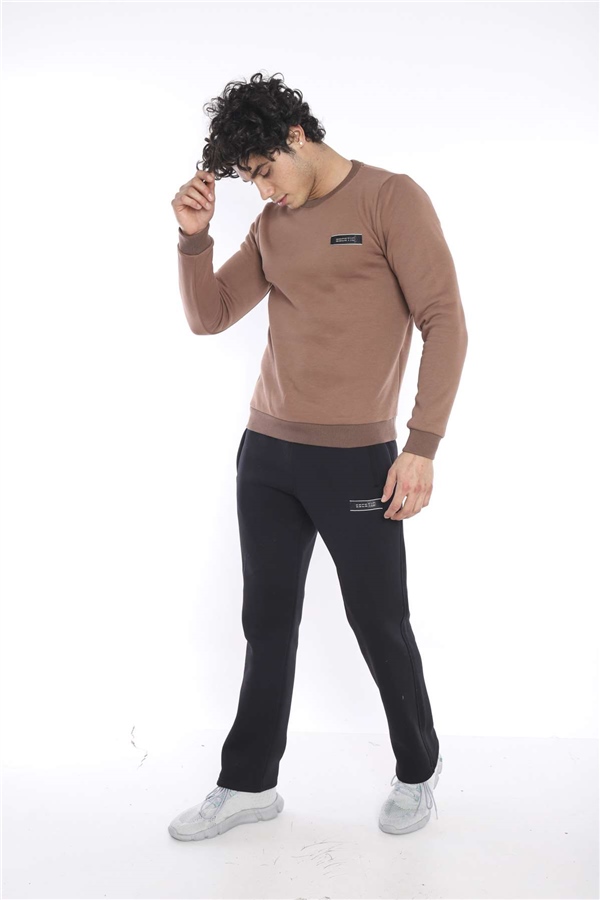Escetic Sütlü Kahve Erkek Kışlık Kalın 3 İplik (İçi Şardonlu) Sweat Eşofman Takımı A3053