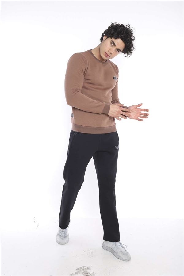 Escetic Sütlü Kahve Erkek Kışlık Kalın 3 İplik (İçi Şardonlu) Sweat Eşofman Takımı A3053