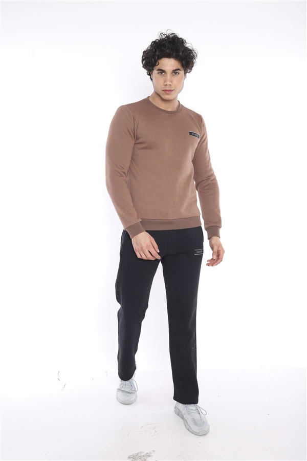 Escetic Sütlü Kahve Erkek Kışlık Kalın 3 İplik (İçi Şardonlu) Sweat Eşofman Takımı A3053