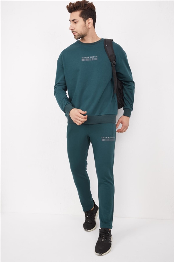 Escetic Yeşil Erkek 3 İplik Nefes Alabilen Pamuklu Baskılı Spor Oversize Sweat Takım A3040