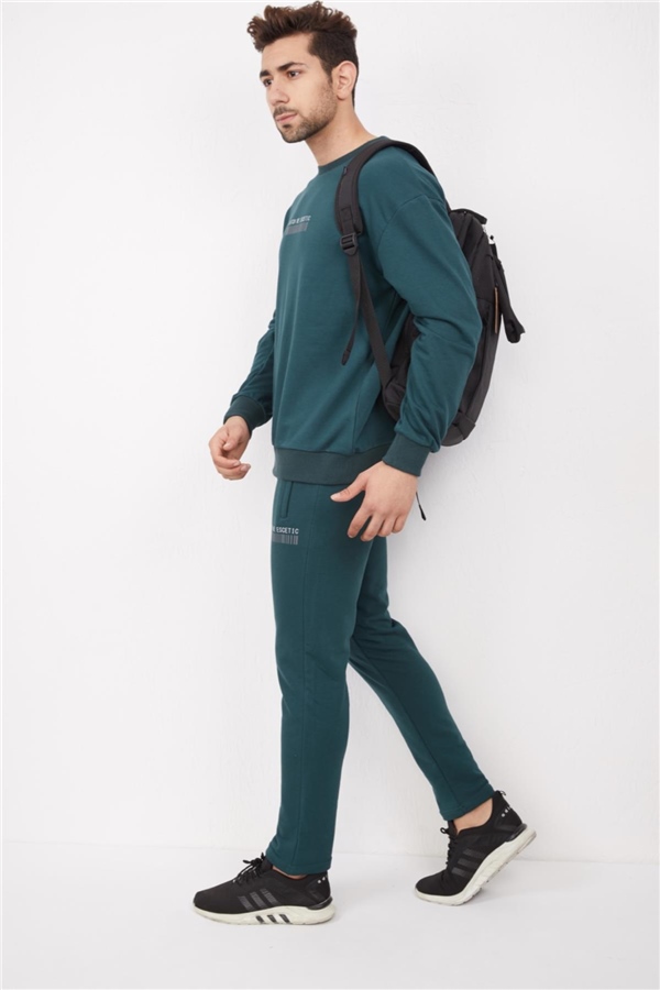 Escetic Yeşil Erkek 3 İplik Nefes Alabilen Pamuklu Baskılı Spor Oversize Sweat Takım A3040