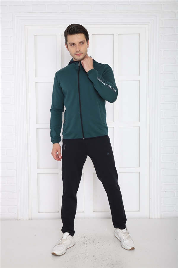 Escetic Yeşil Erkek Kapüşonlu 4 Mevsim Nefes Alabilen Pamuklu Spor Slimfit Eşofman Takımı 6761