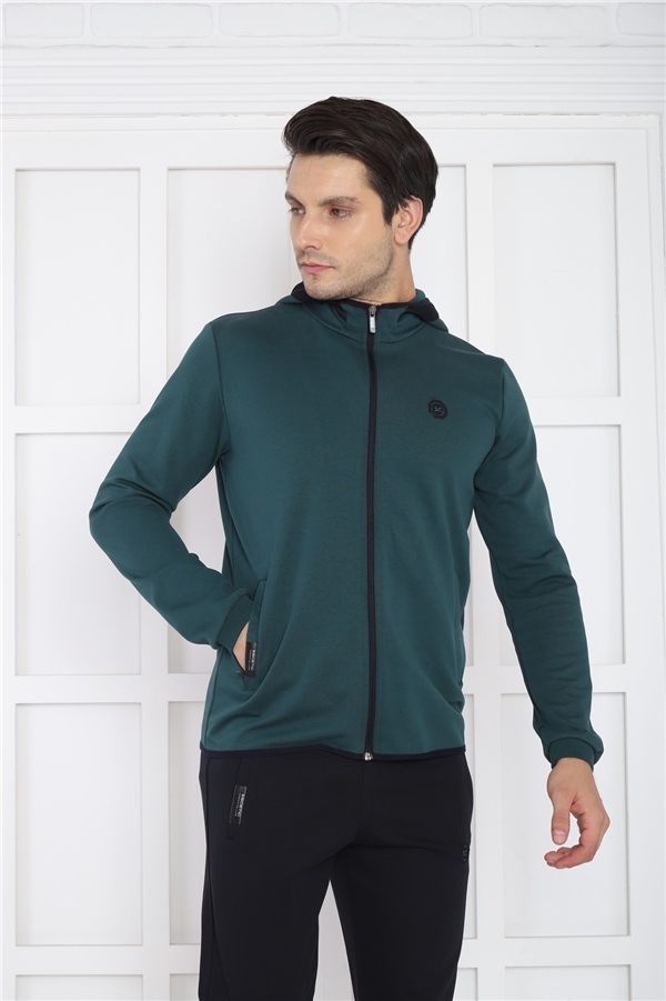 Escetic Yeşil Erkek Kapüşonlu 4 Mevsim Nefes Alabilen Pamuklu Spor Slimfit Eşofman Takımı 6761