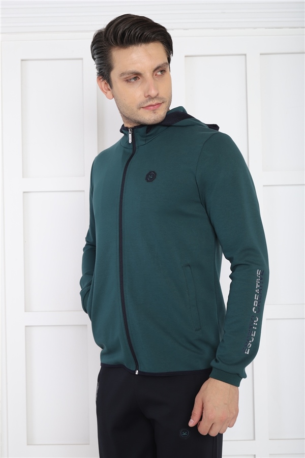 Escetic Yeşil Erkek Kapüşonlu 4 Mevsim Nefes Alabilen Pamuklu Spor Slimfit Eşofman Takımı 6761