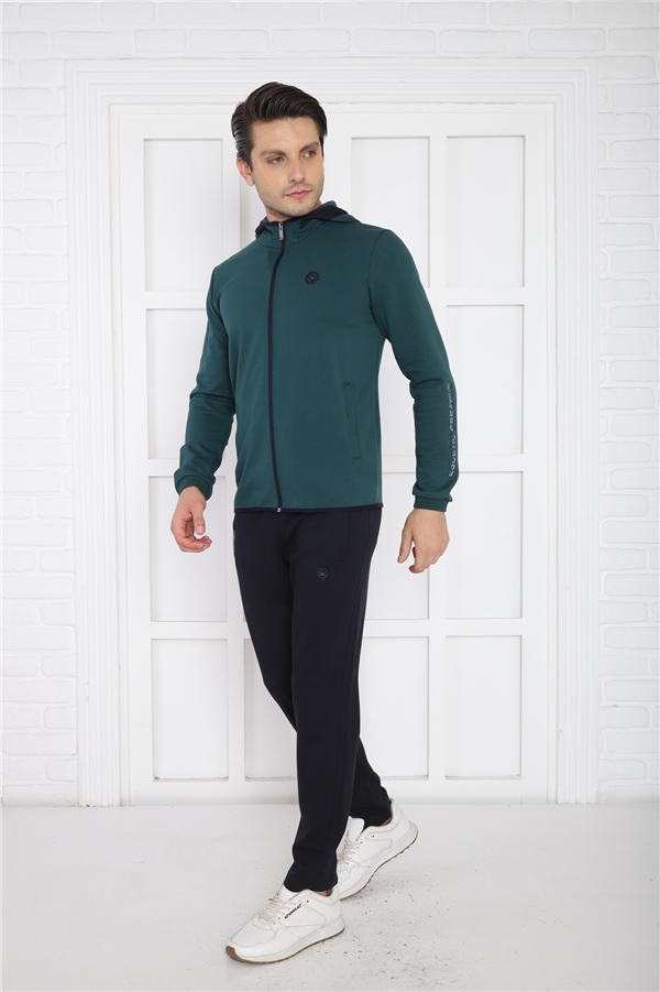 Escetic Yeşil Erkek Kapüşonlu 4 Mevsim Nefes Alabilen Pamuklu Spor Slimfit Eşofman Takımı 6761
