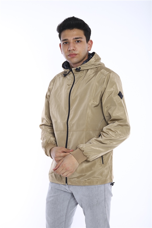 Escetic Vizon Erkek Rüzgarlık Sabit Kapüşonlu Desenli Astarlı Su İtici Mevsimlik İnce Ceket 6571