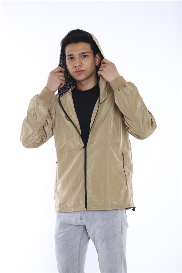 Escetic Vizon Erkek Rüzgarlık Sabit Kapüşonlu Desenli Astarlı Su İtici Mevsimlik İnce Ceket 6571