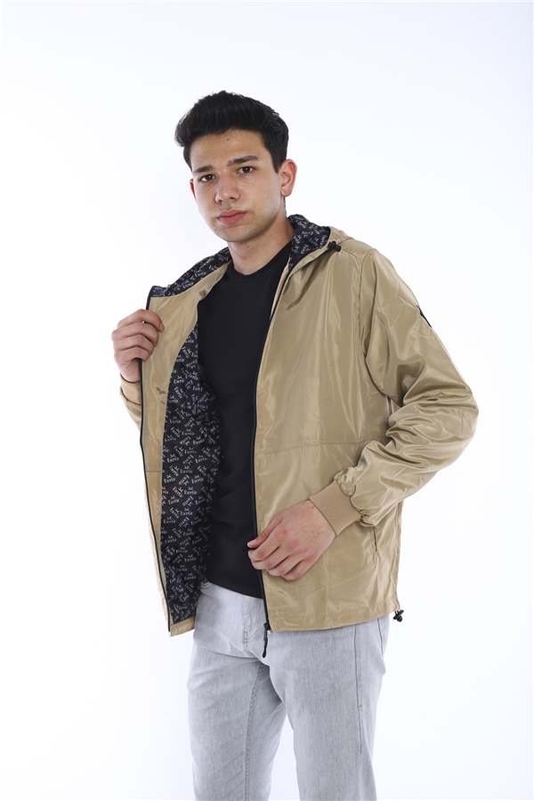 Escetic Vizon Erkek Rüzgarlık Sabit Kapüşonlu Desenli Astarlı Su İtici Mevsimlik İnce Ceket 6571