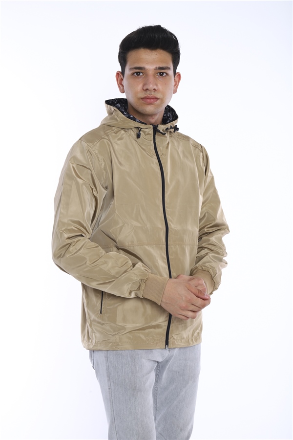 Escetic Vizon Erkek Rüzgarlık Sabit Kapüşonlu Desenli Astarlı Su İtici Mevsimlik İnce Ceket 6571