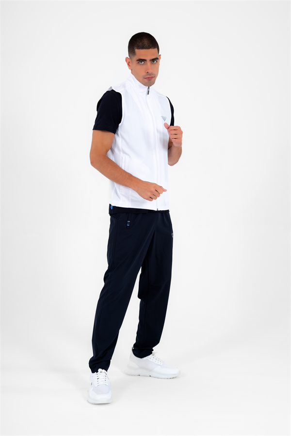 Escetic Beyaz Erkek Dik Yaka Spor Likra Nefes Alabilen 4 Cepli Yazlık Slimfit Yelekli Eşofman Takımı 6921