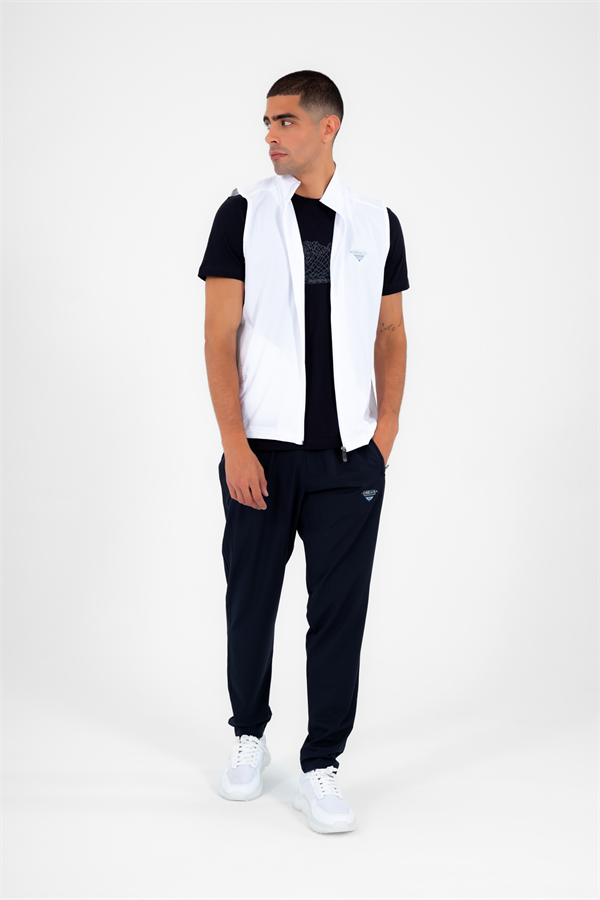 Escetic Beyaz Erkek Dik Yaka Spor Likra Nefes Alabilen 4 Cepli Yazlık Slimfit Yelekli Eşofman Takımı 6921