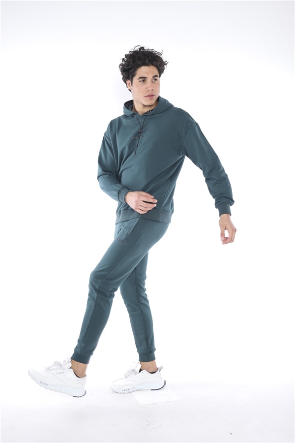 Escetic Yeşil Erkek 3 İplik Nefes Alan Pamuklu Kapüşonlu Baskılı Spor Oversize Sweat Takım A3041