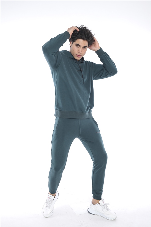 Escetic Yeşil Erkek 3 İplik Nefes Alan Pamuklu Kapüşonlu Baskılı Spor Oversize Sweat Takım A3041