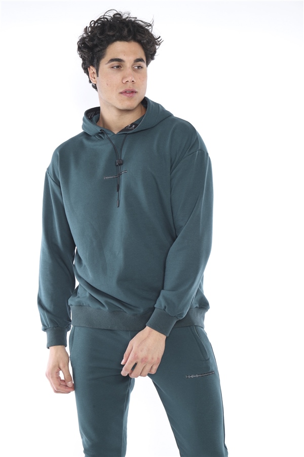 Escetic Yeşil Erkek 3 İplik Nefes Alan Pamuklu Kapüşonlu Baskılı Spor Oversize Sweat Takım A3041