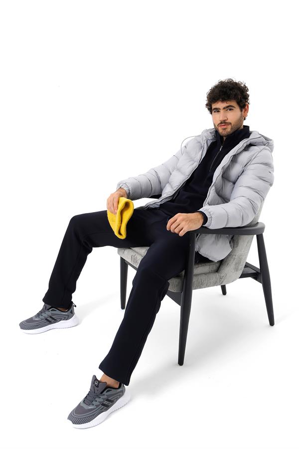 Escetic Açık Gri Sabit Kapüşonlu 3 Cepli Su İtici Rüzgar Geçirmez Erkek Şişme Mont 7093