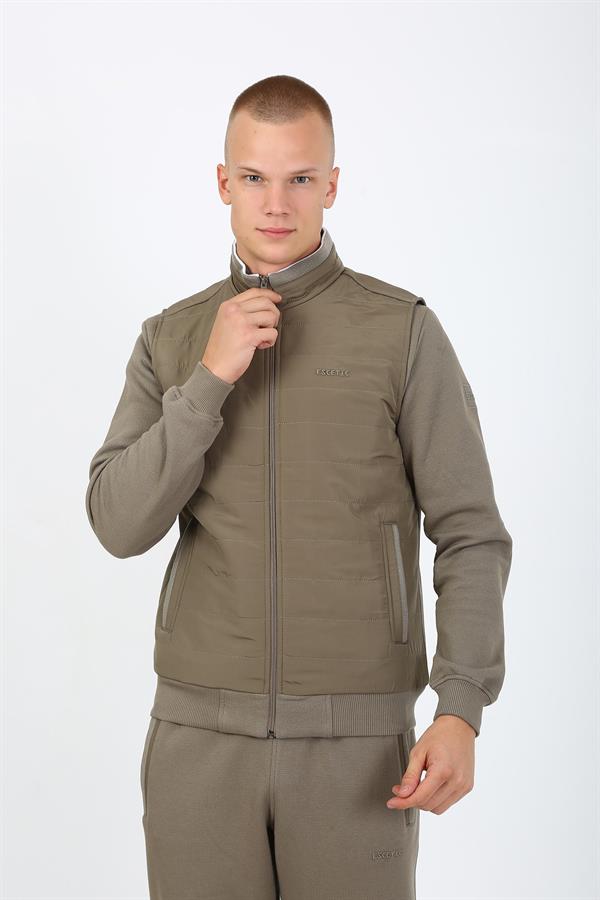 Escetic Açık Haki Casual Şardonlu Lakos 3 İplik Kumaş 5 Cepli, Üçlü, Yelekli Erkek Eşofman Takımı TK0062