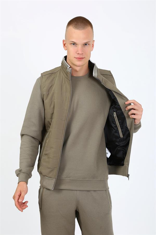 Escetic Açık Haki Casual Şardonlu Lakos 3 İplik Kumaş 5 Cepli, Üçlü, Yelekli Erkek Eşofman Takımı TK0062