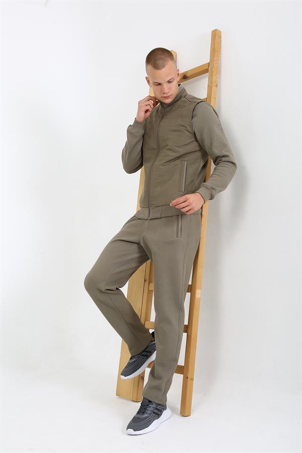 Escetic Açık Haki Casual Şardonlu Lakos 3 İplik Kumaş 5 Cepli, Üçlü, Yelekli Erkek Eşofman Takımı TK0062