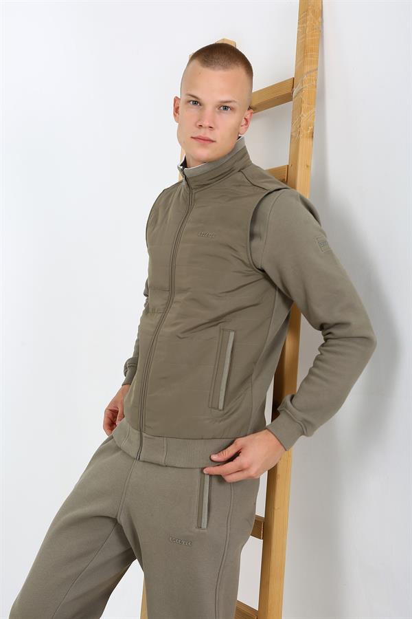 Escetic Açık Haki Casual Şardonlu Lakos 3 İplik Kumaş 5 Cepli, Üçlü, Yelekli Erkek Eşofman Takımı TK0062