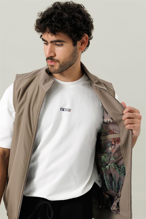 Escetic Açık Haki İçi Desenli Astar Kaplı 3 İplik Kalın Oversize Erkek Yelek TK0056