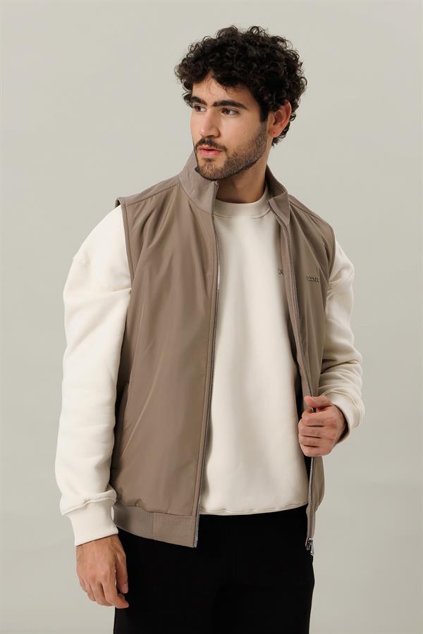 Escetic Açık Haki İçi Desenli Astar Kaplı 3 İplik Kalın Oversize Erkek Yelek TK0056